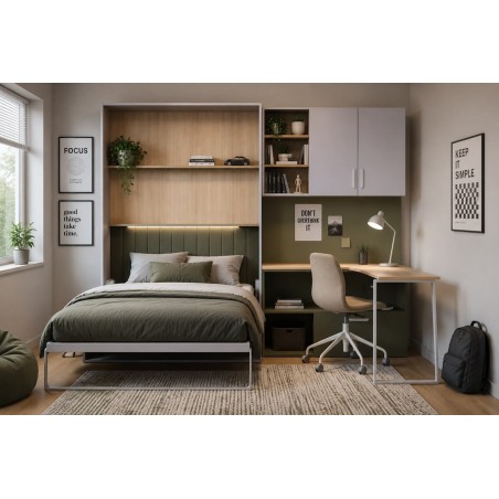 Schrankbett, Klappbett mit Schreibtisch für Jugendzimmer, Wandbett vertikal klappbar, Kaschmir, MAJA 6
