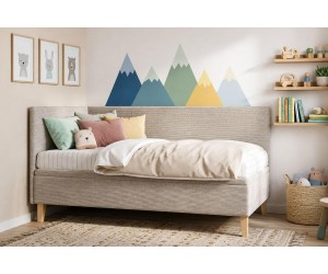 Jugendbett 90x200 cm mit Bettkasten, Cord LINCOLN, Füße aus Eichenholz, TOMAS