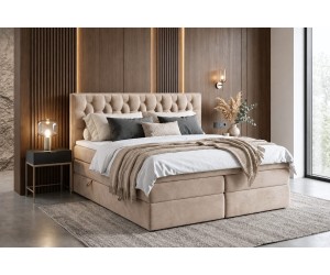 Kontinentalbett 160x200 cm mit elegantem Kopfteil, Bettkasten und 2 Matratzen, Doppelbett SEUL 2B