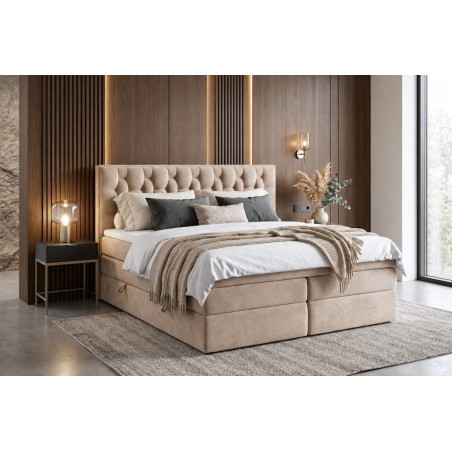 Kontinentalbett 160x200 cm mit elegantem Kopfteil, Bettkasten und 2 Matratzen, Doppelbett SEUL 2B