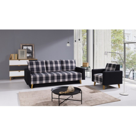 3-Sitzer-Sofa, Schlafcouch mit Schlaffunktion und Bettkasten, Stoff mit Karomuster, LEMONE