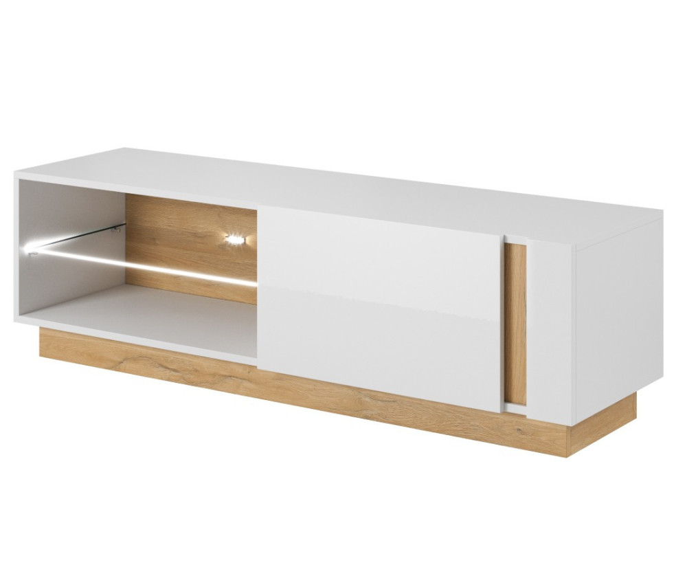 ARKOS G TV-Schrank, TV-Board 138 cm mit Glasablage, optional mit LED-Beleuchtung, weiß + Grandson Eiche