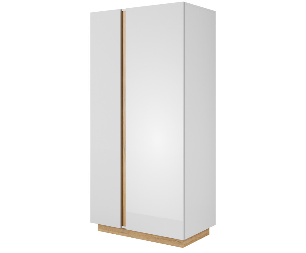 Schrank zweitürig, Kleiderschrank 96 cm, weiß glänzend + Grandson Eiche, ARKOS A