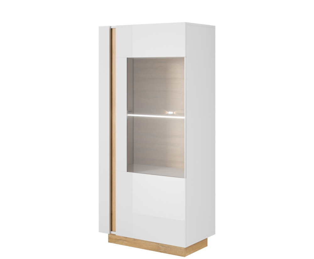 Niedrige Vitrine 72 cm, mit Glasablage, optional mit LED-Beleuchtung, weiß glänzend + Grandson Eiche, ARKOS C