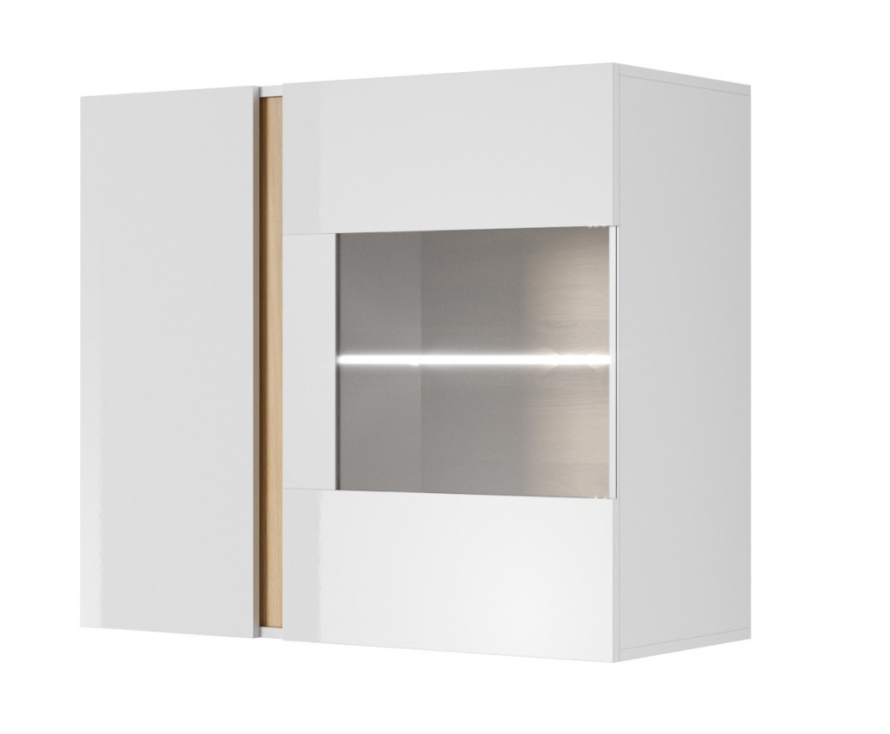 Hängende Vitrine 96 cm, mit Glasablage, optional mit LED-Beleuchtung, weiß glänzend + Grandson Eiche, ARKOS D