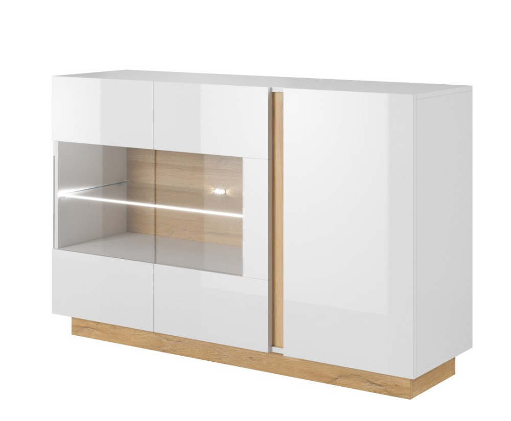 Kommode mit Vitrine 138 cm, Glasablage, optional mit LED-Beleuchtung, weiß glänzend + Grandson Eiche, ARKOS E