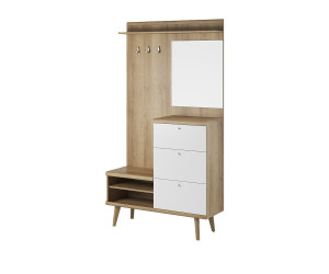 Garderoben-Set im skandinavischen Stil, Flurgarderobe mit Spiegel, Eiche Riviera / weiß, BERGEN