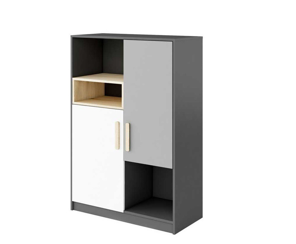 POK PO 06 Regal, 90 cm, mit 2 Türen, Graphit, Buche Ibsen, helles Grau und Weiß, Jugendzimmer