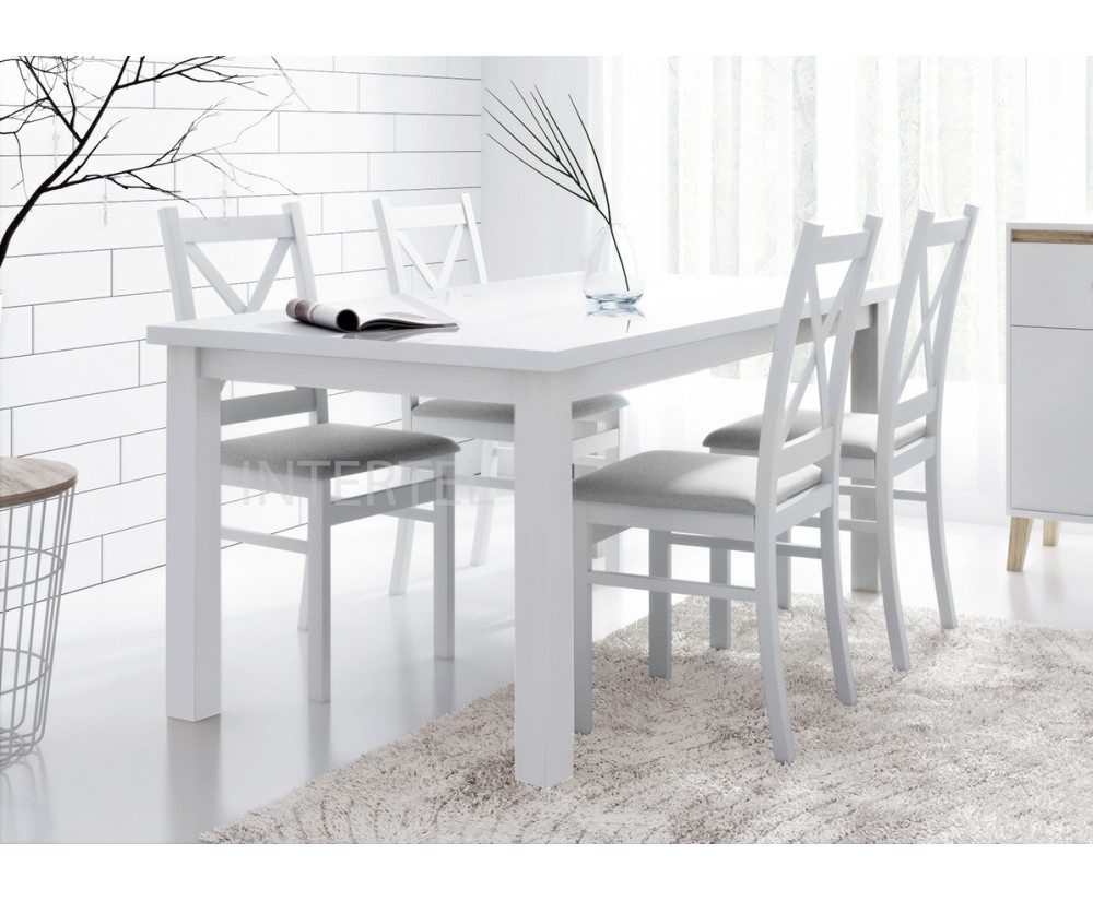 Essgruppe für 4 Personen, Esstisch BRILLANT 80x120 cm + 4x weiße Stühle SKANDI mit gekreuzter Rückenlehne, Sitzfläche hellgrau