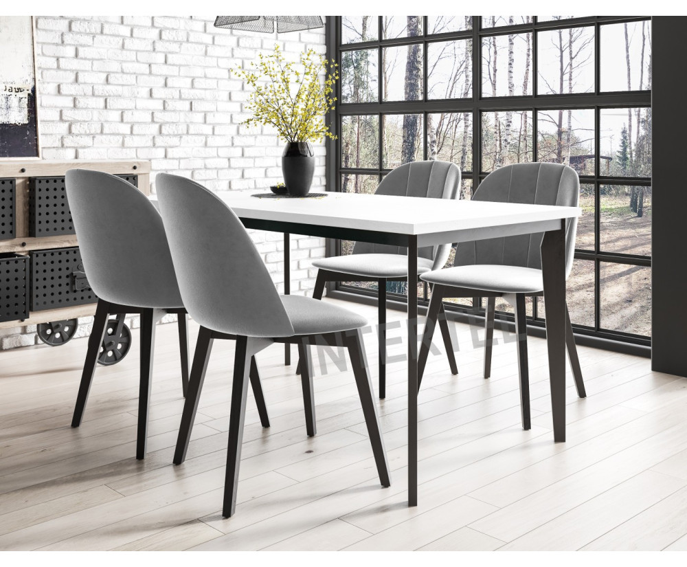 Essgruppe: Tisch MODERN M24 80x150-190 cm, Tischplatte weiß glänzend, 4x Stühle MODERN M20