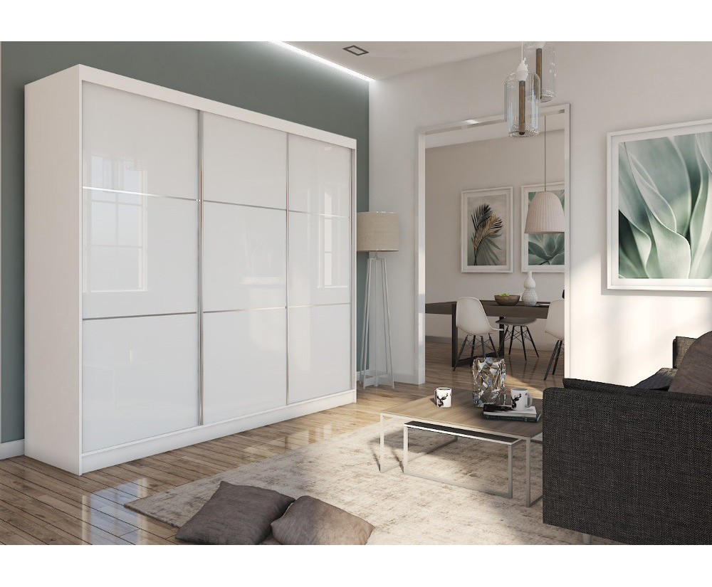 Schiebetürenschrank weiß 240 cm mit Lacobel-Glas, Kleiderschrank 3-türig, MARTEN SZ5 Schiebetürenschrank weiß 240 cm mit Lacobel-Glas, Kleiderschrank 3-türig, MARTEN SZ5