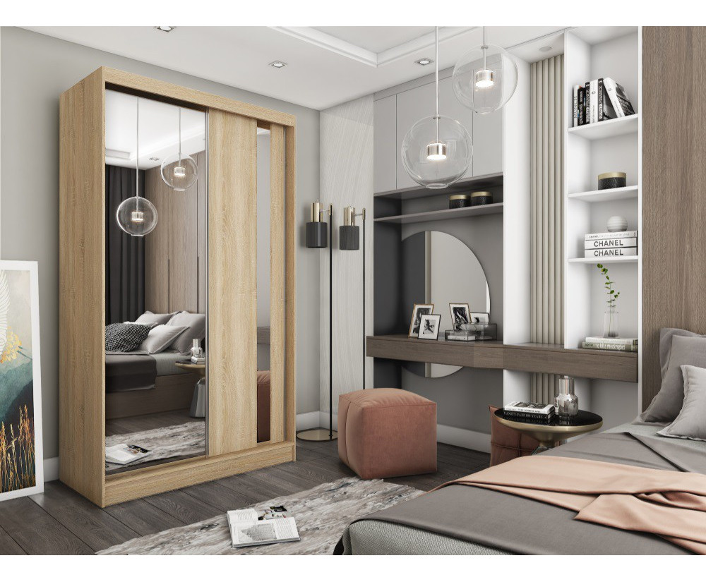 Schiebetürenschrank 120 cm mit Spiegel und vertikalem Spiegelstreifen, Kleiderschrank 2-türig, Farbvarianten, MARTEN SZ2 Schiebetürenschrank 120 cm mit Spiegel und vertikalem Spiegelstreifen, Kleiderschrank 2-türig, Farbvarianten, MARTEN SZ2