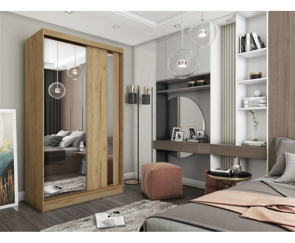 Schiebetürenschrank 120 cm mit Spiegel und vertikalem Spiegelstreifen, Kleiderschrank 2-türig, Farbvarianten, MARTEN SZ2 Schiebetürenschrank 120 cm mit Spiegel und vertikalem Spiegelstreifen, Kleiderschrank 2-türig, Farbvarianten, MARTEN SZ2