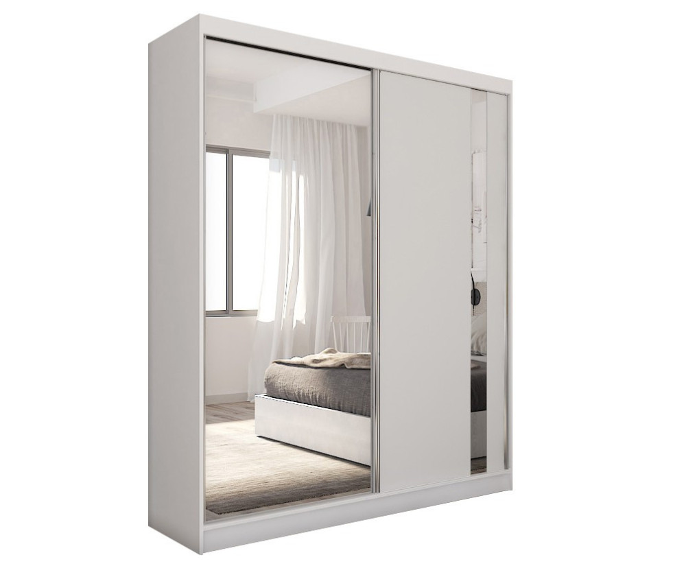 MARTEN SZ2 Schiebetürenschrank weiß 160 cm mit Spiegel und vertikalem Spiegelstreifen, Kleiderschrank 2-türig