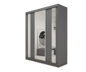 Schiebetürenschrank 180 cm Graphit mit Spiegel und vertikalen Spiegelstreifen, Kleiderschrank 3-türig, MARTEN SZ2