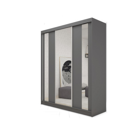 MARTEN SZ2 Schiebetürenschrank graphit 180 cm mit Spiegel und vertikalen Spiegelstreifen, Kleiderschrank 3-türig