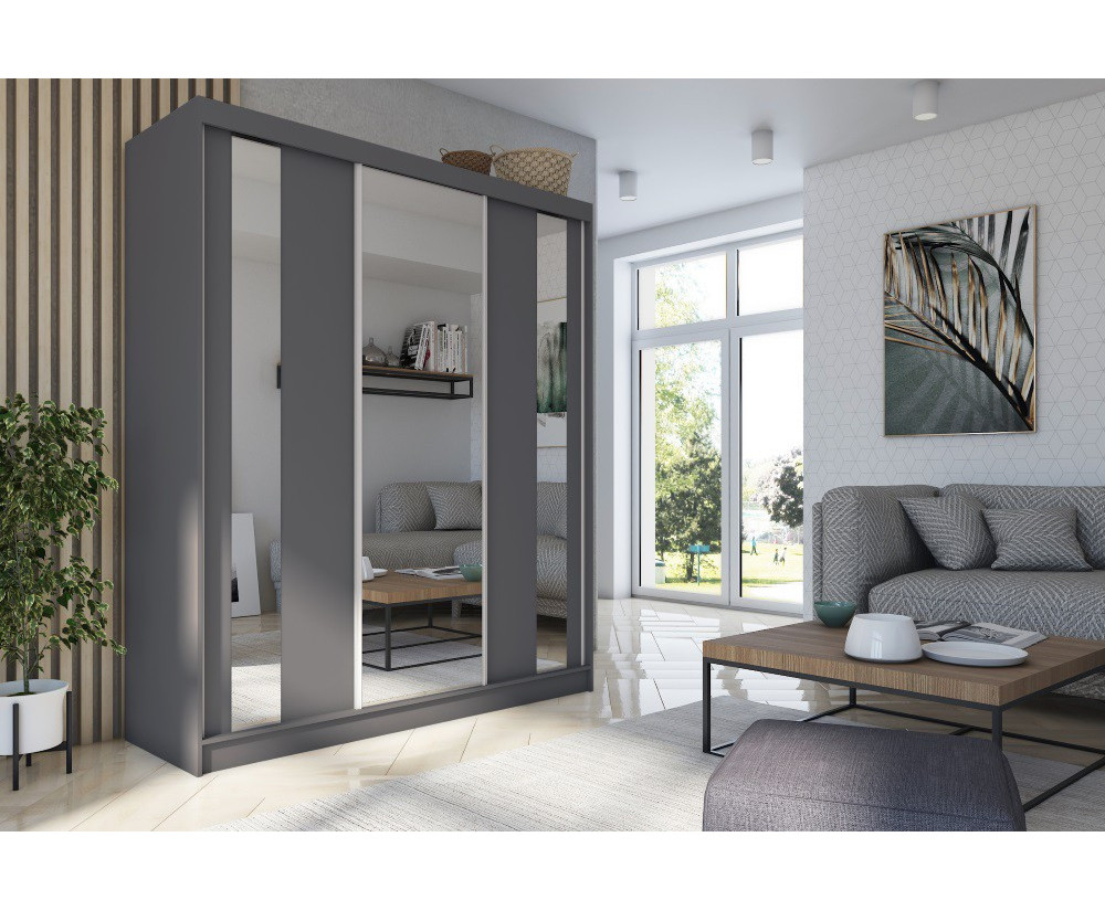 Schiebetürenschrank 180 cm Graphit mit Spiegel und vertikalen Spiegelstreifen, Kleiderschrank 3-türig, MARTEN SZ2