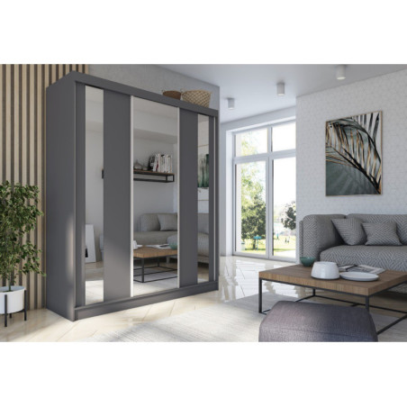 MARTEN SZ2 Schiebetürenschrank graphit 180 cm mit Spiegel und vertikalen Spiegelstreifen, Kleiderschrank 3-türig