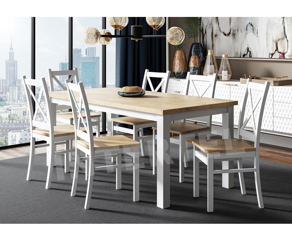 Set für 6 Personen: Tisch LAMARENTO 80x150-190 cm, Tischgestell weiß + Laminatplatte, Stühle NORDI mit gekreuzter Rückenlehne Set für 6 Personen: Tisch LAMARENTO 80x150-190 cm, Tischgestell weiß + Laminatplatte, Stühle NORDI mit gekreuzter Rückenlehne