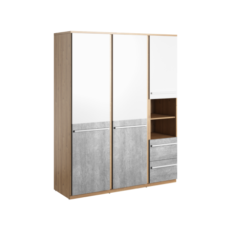 Kleiderschrank dreitürig 150 cm, mit 2 Schubladen und 2 offenen Fächern, PLANO PN-01