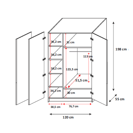 Kleiderschrank 120 cm, 3-türig für Kinderzimmer, Kinderschrank in Hochglanz, Farbvarianten, MAJA 3