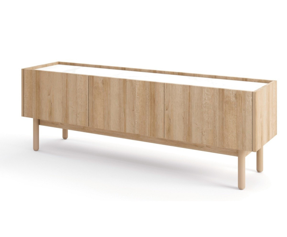 TV Schrank für Wohnzimmer, im skandinavischen Stil, Breite 144 cm, Marmordekor, Eiche Riviera, NIKO