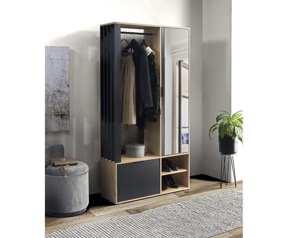 Garderoben-Set mit Spiegel und Lamellen, Flurgarderobe, Artisan+schwarz, MILO