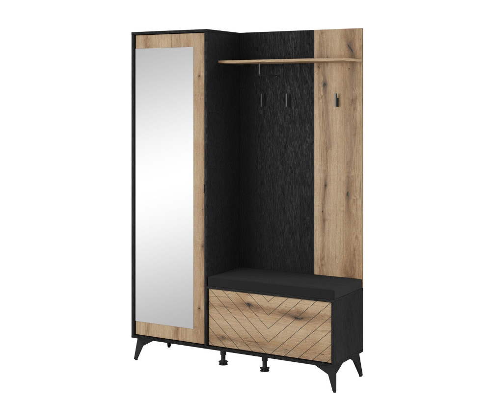 Garderoben-Set mit Spiegel, Flurgarderobe, Eiche Evoke+schwarz, VIDAR