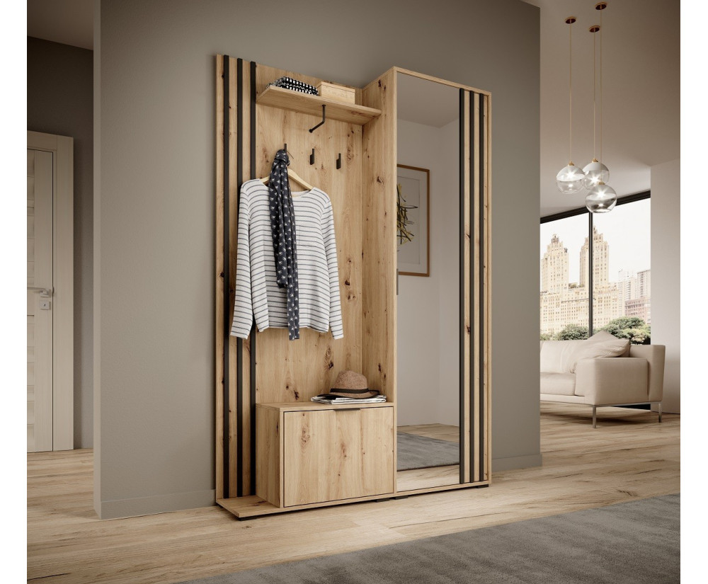 Garderoben-Set, Garderobe Wandpaneel, Schuhschrank, Spiegel + Lamellen, Artisan Eiche/Schwarz, NELA