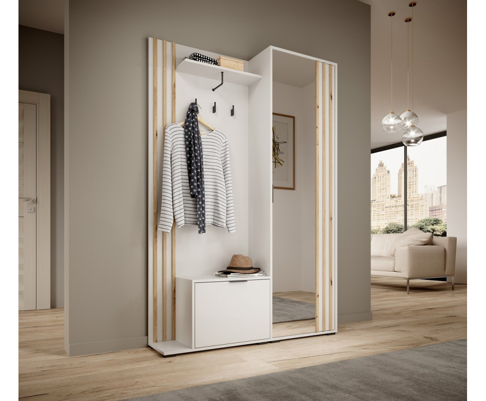 Garderoben-Set, Garderobe Wandpaneel Schuhschrank Spiegel + Lamellen, Weiß/Artisan Eiche, NELA