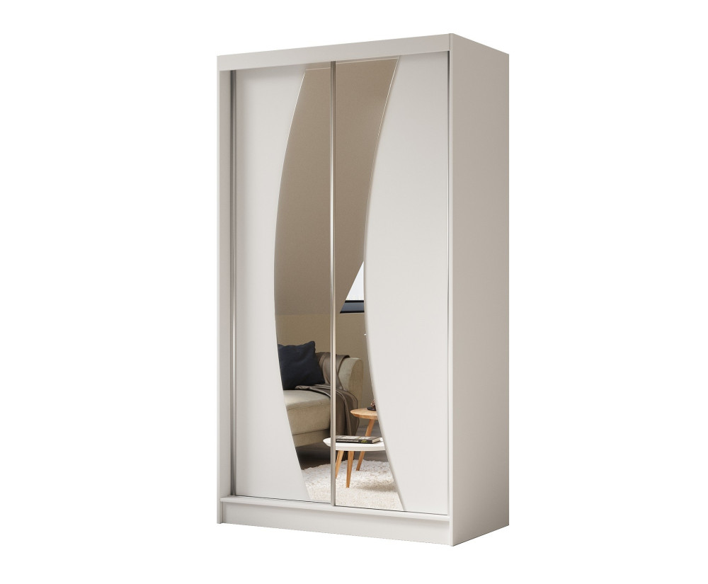 Schiebetürenschrank weiß 120 cm mit abgerundetem Spiegel, Kleiderschrank 2-türig, MARTEN SZ7 Schiebetürenschrank weiß 120 cm mit abgerundetem Spiegel, Kleiderschrank 2-türig, MARTEN SZ7