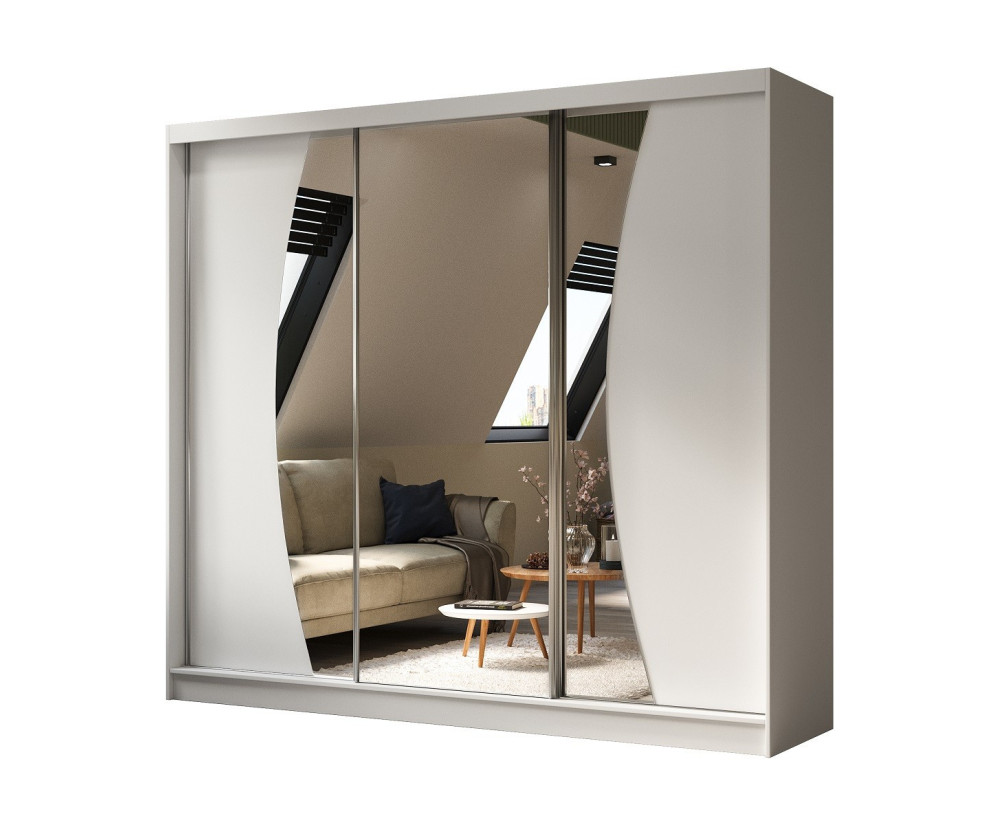 Schiebetürenschrank weiß 240 cm mit abgerundetem Spiegel, Kleiderschrank 3-türig, MARTEN SZ7 Schiebetürenschrank weiß 240 cm mit abgerundetem Spiegel, Kleiderschrank 3-türig, MARTEN SZ7