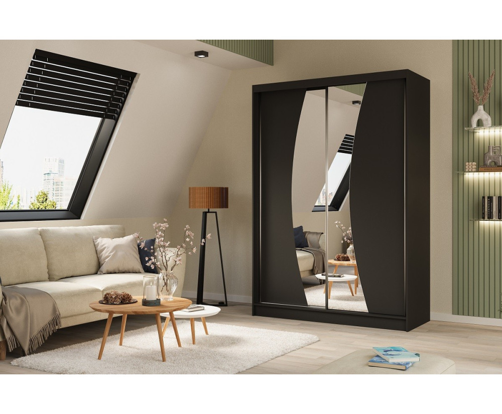 Schiebetürenschrank 150 cm mit abgerundetem Spiegel, Kleiderschrank 2-türig, Farbvarianten, MARTEN SZ7 Schiebetürenschrank 150 cm mit abgerundetem Spiegel, Kleiderschrank 2-türig, Farbvarianten, MARTEN SZ7