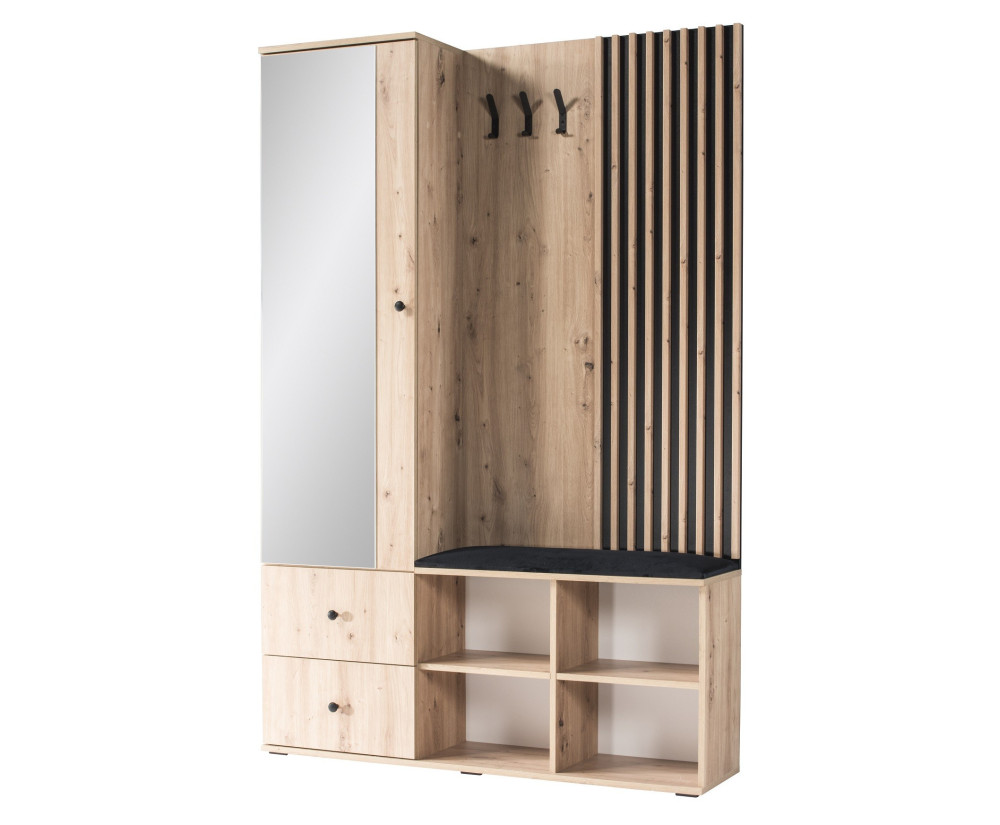 Garderoben-Set mit Sitzkissen, Spiegel und Lamellen, Flurgarderobe, Artisan + schwarz matt, CALI