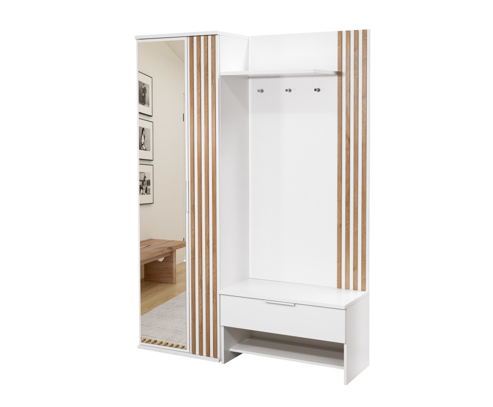 Garderoben-Set 140 cm mit Spiegel und Lamellen, Flurgarderobe, Eiche Wotan / weiß, IGA