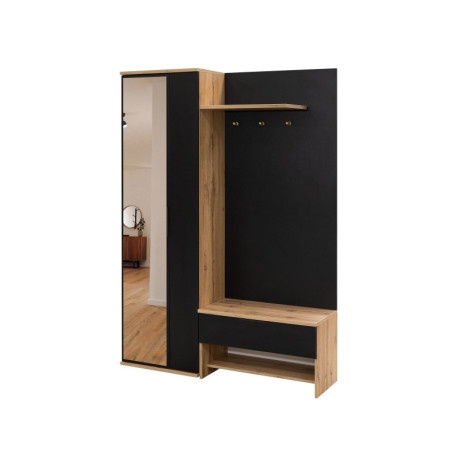 Garderoben-Set 140 cm mit Spiegel, Flurgarderobe, Eiche Wotan / schwarz, IGA
