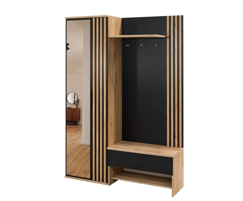 Garderoben-Set 140 cm mit Spiegel und Lamellen, Flurgarderobe, Eiche Wotan / schwarz, IGA