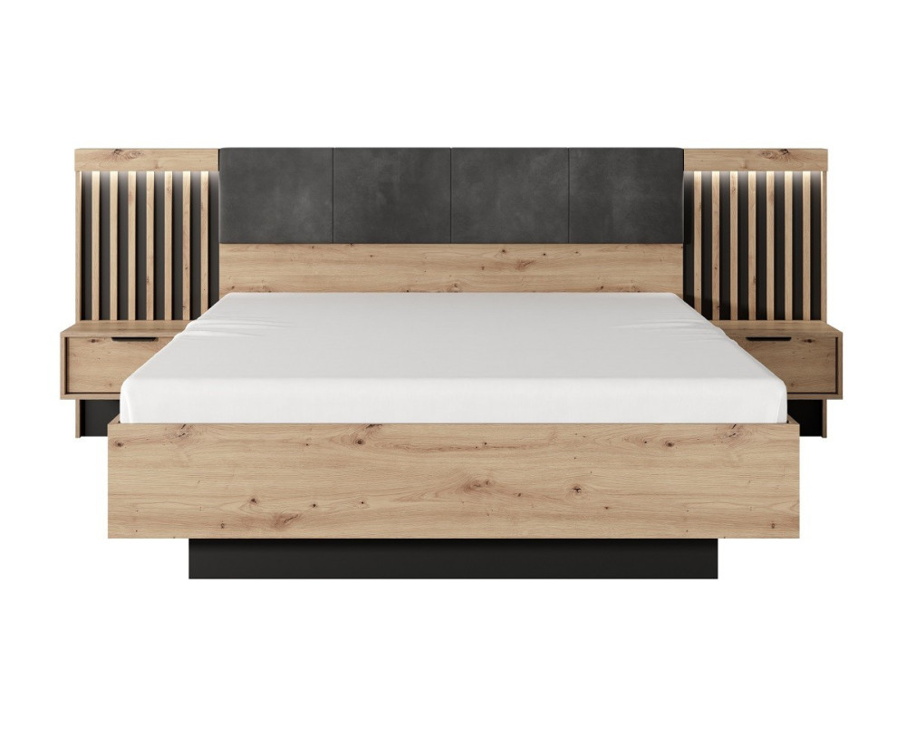 Doppelbett 160x200 cm mit Nachttischen, LED-Beleuchtung, Bettkasten, Lattenrost mit HOLZRAHMEN, Eiche Artisan + Anthrazit, CAVE