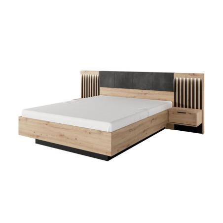 Doppelbett 160x200 cm mit Nachttischen, LED-Beleuchtung, Bettkasten, Lattenrost mit HOLZRAHMEN, Eiche Artisan + Anthrazit, CAVE