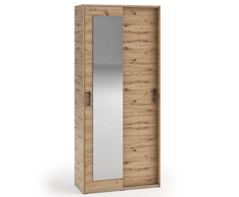Schiebetürenschrank 90 cm mit Spiegel, Kleiderschrank, Garderobenschrank, Artisan Eiche, MARIETTA
