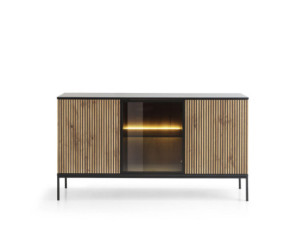 Kommode dreitürig mit LED Front 3D mit Lamellen schwarz/Eiche Wotan, K 154 EVITA