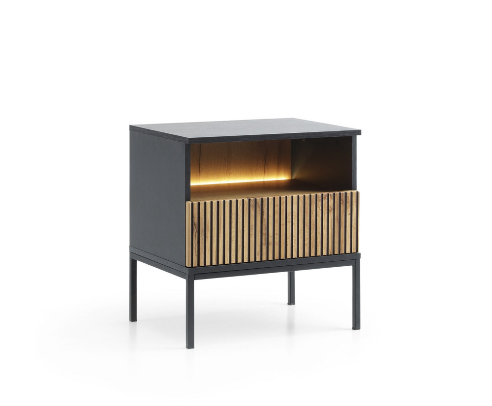 Nachttisch mit Front 3D LED-Schublade mit Lamellen schwarz/Wotan-Eiche, EVITA S54