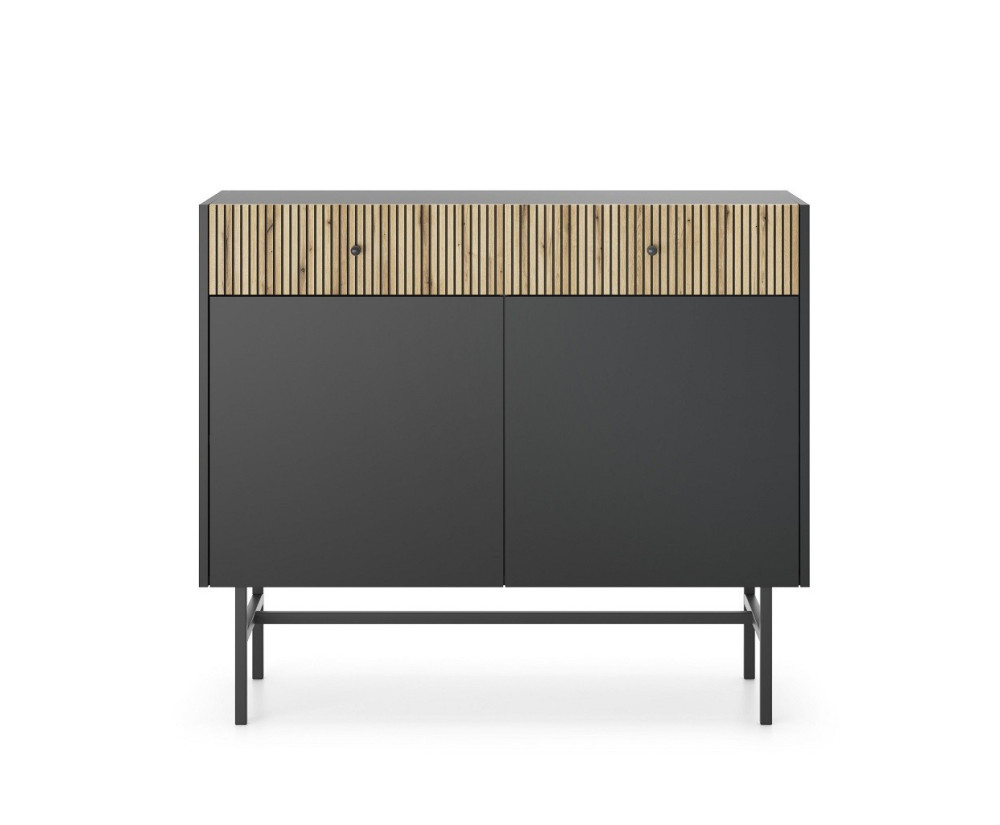 Kommode 2-türig mit Schubladen und Lamellen im Loft-Stil, schwarz + Eiche Evoke, EMI L02 2D2S