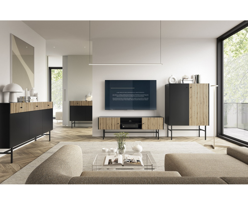 Möbelset für Wohnzimmer, im Loft-Stil, mit Lamellen, Farbton schwarz + Eiche Evoke, EMI