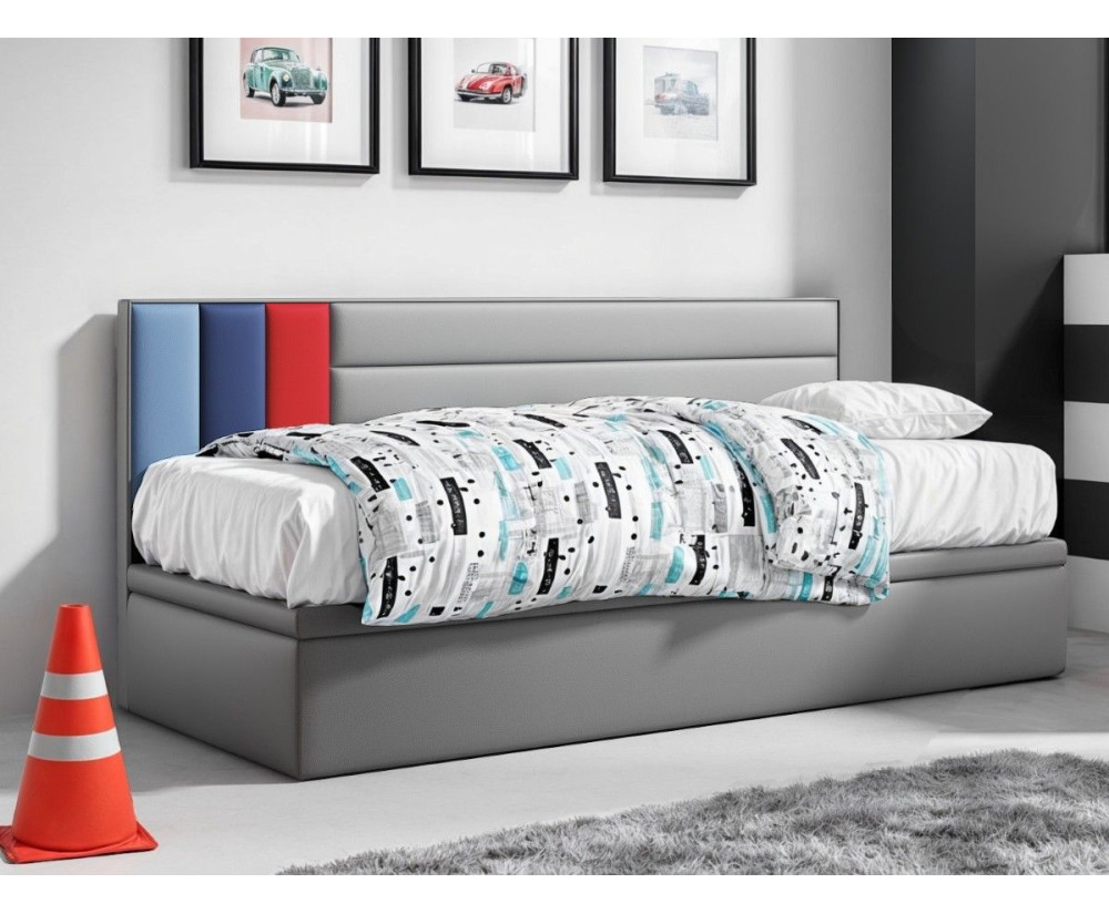 CHAMPION 1R Jugendbett, Einzelbett mit Bettkasten, OHNE Matratze, Samtstoff grau