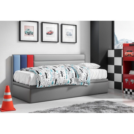 Jugendbett, Einzelbett mit Bettkasten, OHNE Matratze, Samtstoff grau, CHAMPION 1R