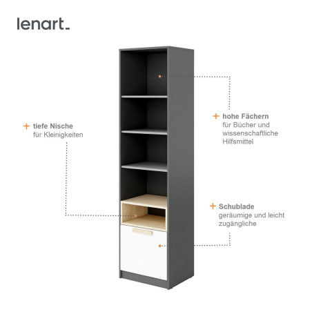 POK PO 04 Regal, 50 cm, mit einer Schublade, Graphit, Buche Ibsen, helles Grau und Weiß, Jugendzimmer