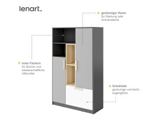 POK PO 05 Regal, 100 cm, mit einer Schublade und zwei Türen, Graphit, Buche Ibsen, helles Grau und Weiß, Jugendzimmer