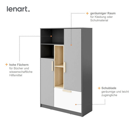POK PO 05 Regal, 100 cm, mit einer Schublade und zwei Türen, Graphit, Buche Ibsen, helles Grau und Weiß, Jugendzimmer