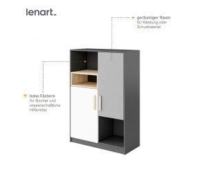 POK PO 06 Regal, 90 cm, mit 2 Türen, Graphit, Buche Ibsen, helles Grau und Weiß, Jugendzimmer